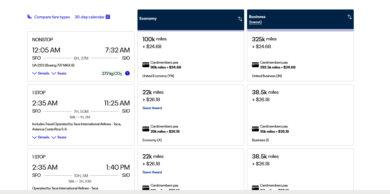 United Airlines showing 22000 Saver Award miles for SFO to San Jose Costa Rica Economy X fare class star alliance
