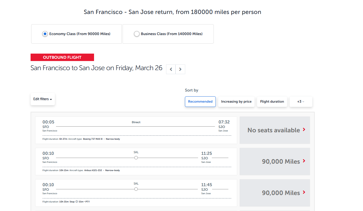 Turkish Airlines Miles and Smiles showing 90000 miles for SFO to San Jose Costa Rica economy class